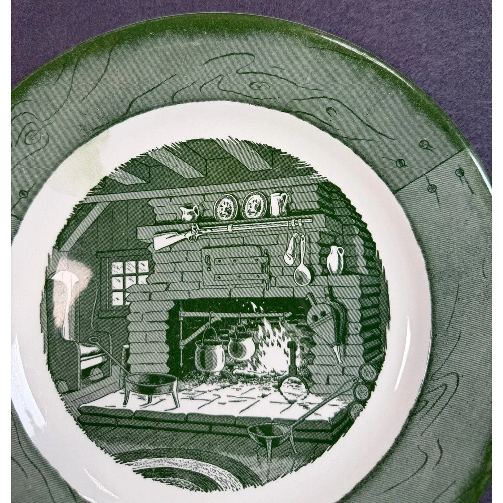 Royal China‎ Colonial Homestead Green Transferware Dinner Plates Set of 2 USA